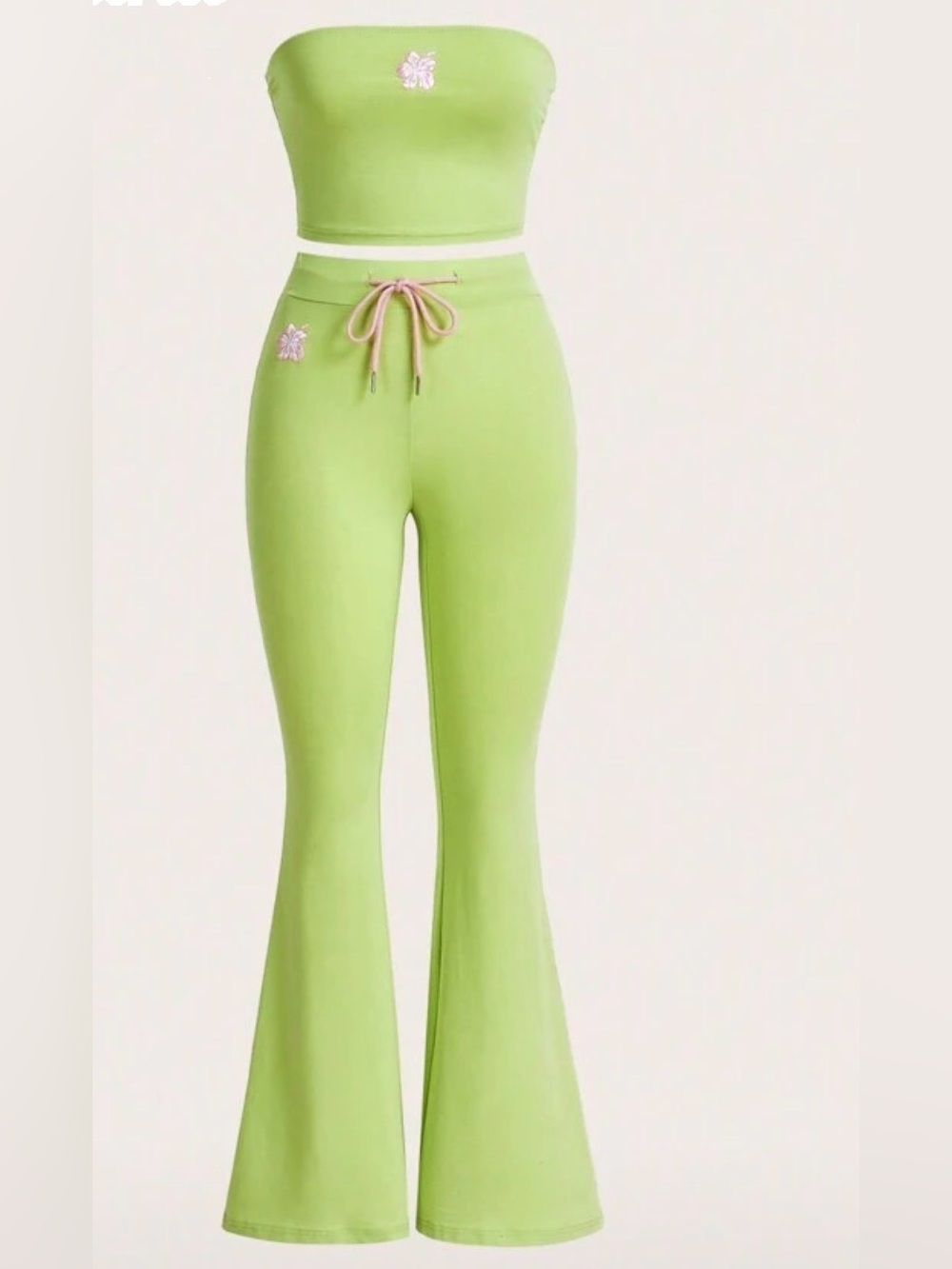 High-Waist Flared Knit Pant Set - Lime Green